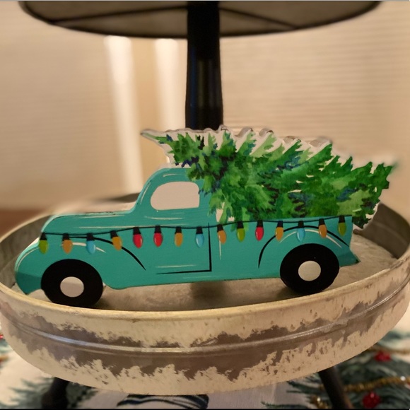 Blue Farmhouse Christmas PickUp Truck Carrying A Christmas Tree Wood Decor Sign - Picture 1 of 15